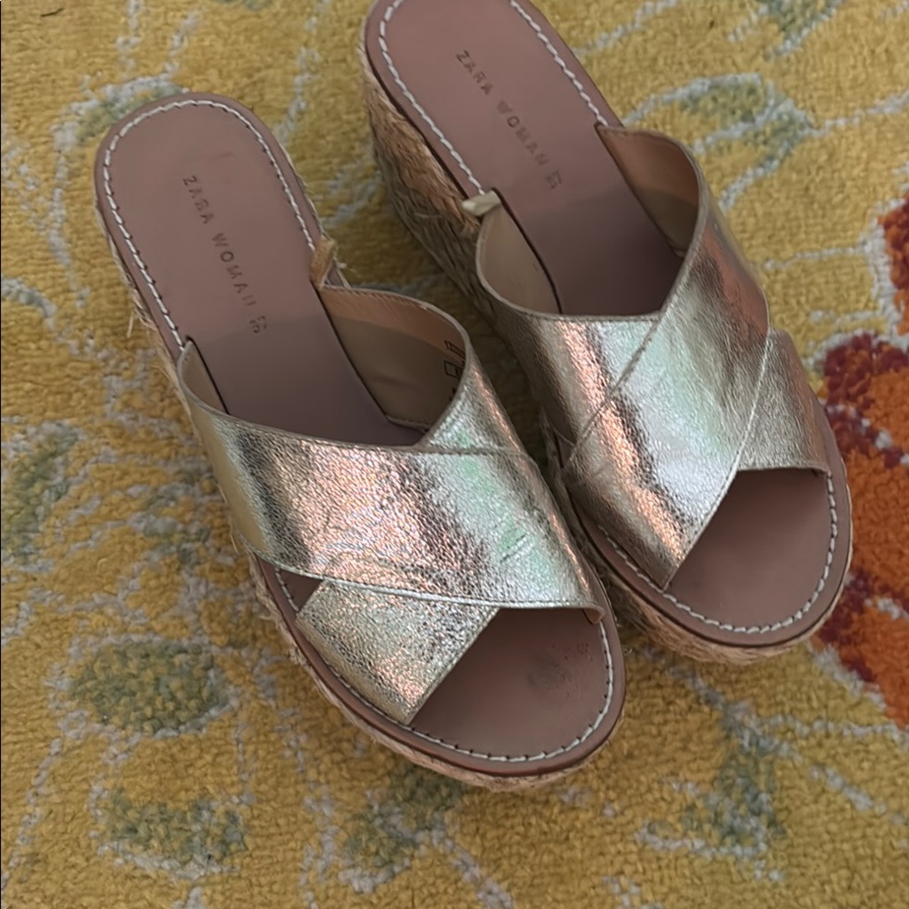 Zara Shimmering Gold Wedge Sandals